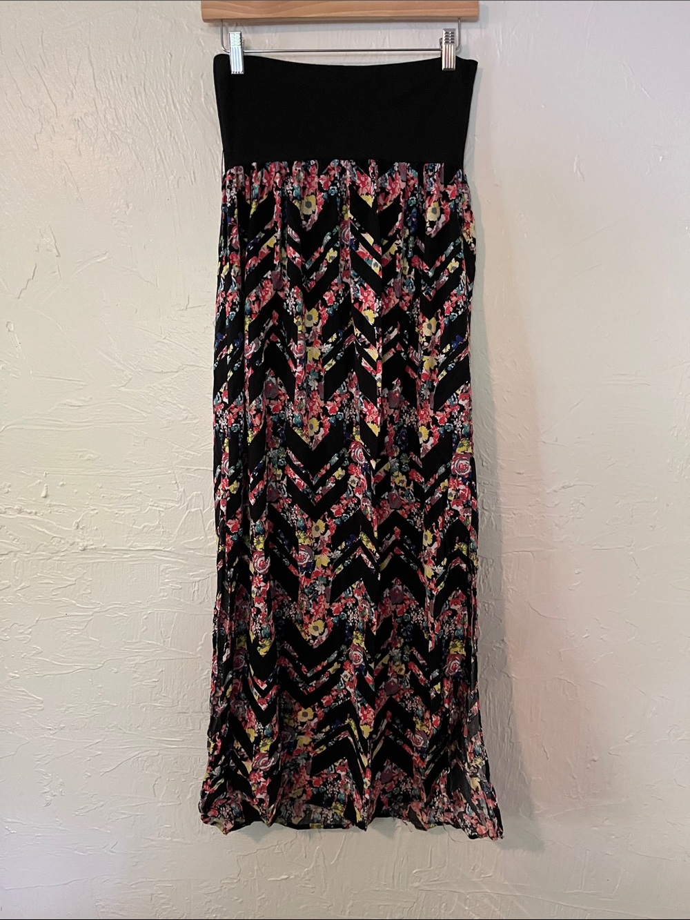 Xhilaration Black Maxi Skirt with Pink Floral Chevron Print